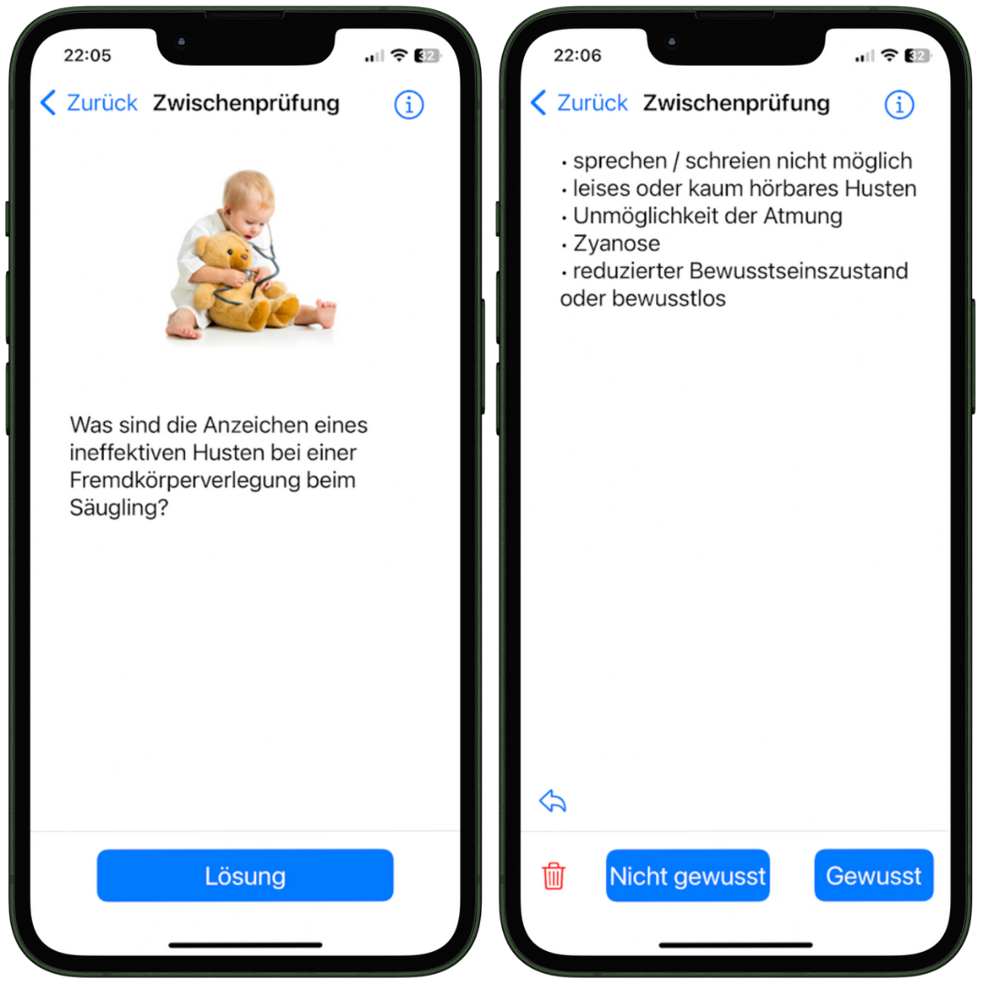 Darstellung einer weiteren Lernkarte und der Antwort innerhalb der NotSan App